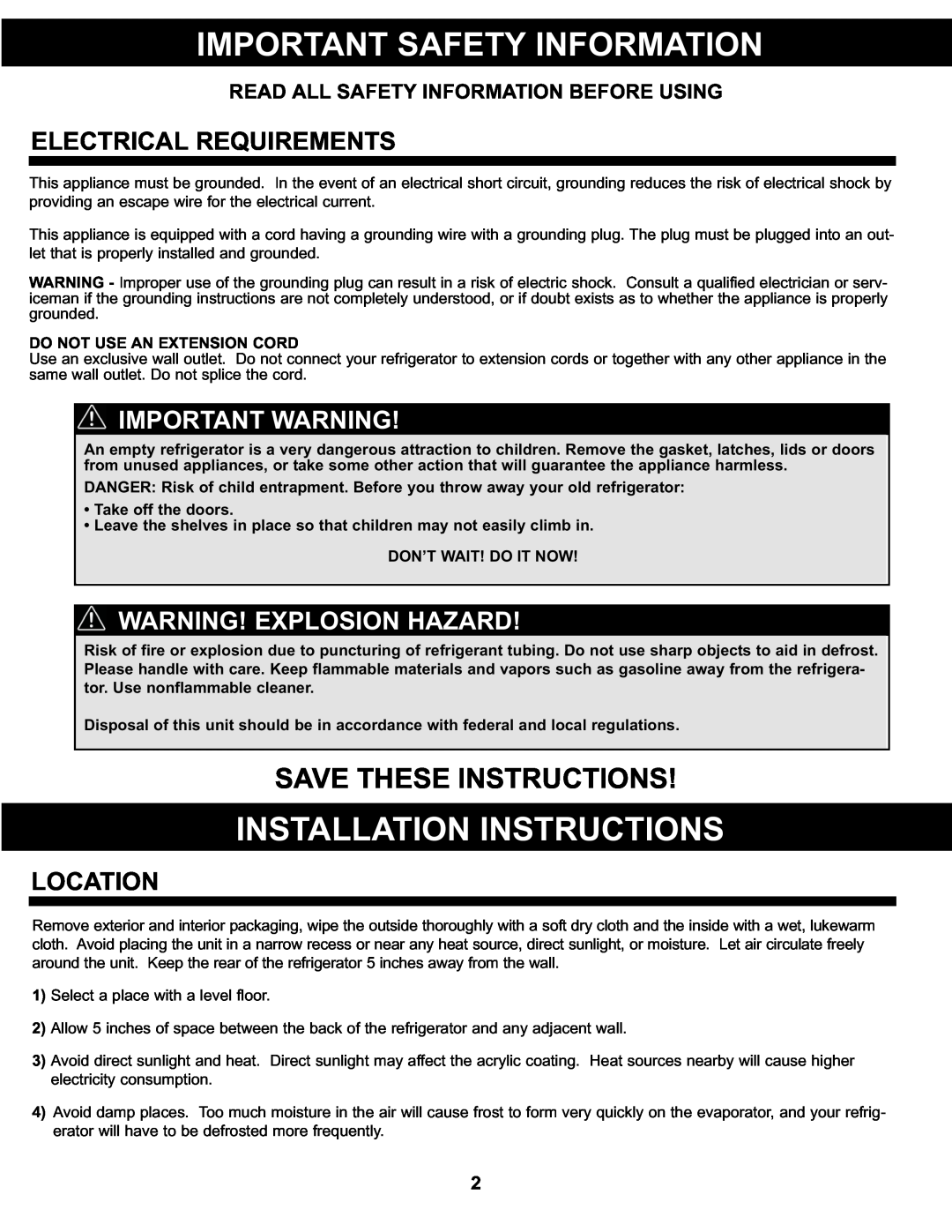 Danby DCR044A2BDD Important Safety Information, Installation Instructions, Save These Instructions, Important Warning 
